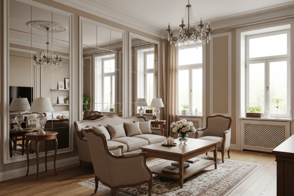 Klasyczne przestronne wnętrze z dużymi lustrami