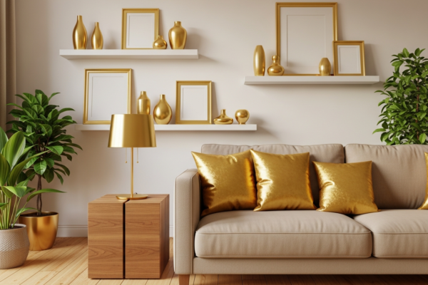 Nowoczesny pokój ze złotymi dodatkami